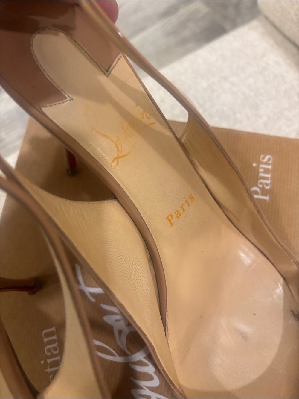 Christian Louboutin Nude Patent Slingback Pumps with Red Sole